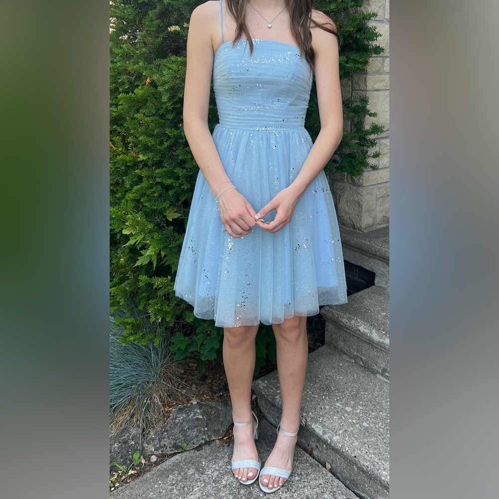J’Adore Light Blue Junior Graduation Dress with Glitter Accents - tulle - sz 4